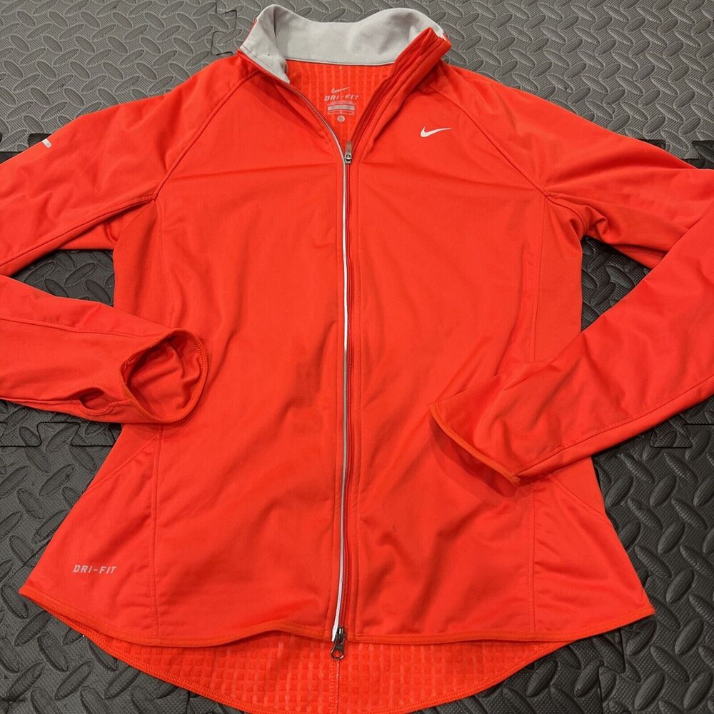 Nike Track Jacket Women Sz Med Red Full Zip Dri Fit Waffle Knit w/ Thumb Holes